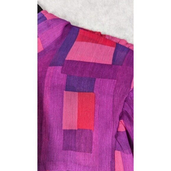 alice + olivia Women Top Size 4 Geo Block Neck Tie Tab Sleeve Semi Sheer Button - Picture 8 of 15